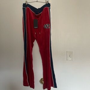 True Religion Kids Red Velour Joggers with Navy Side Panels